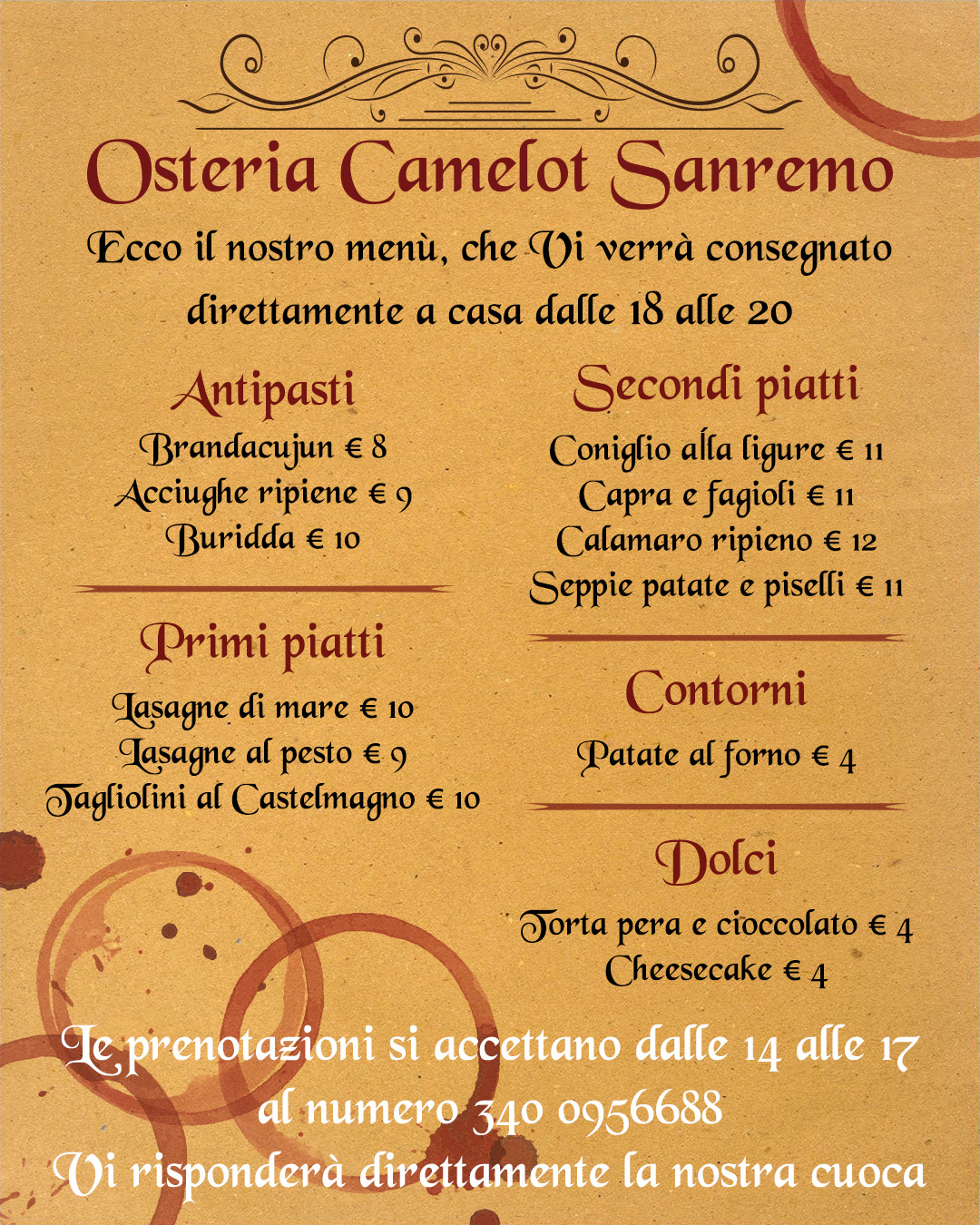 Camelot menu take away